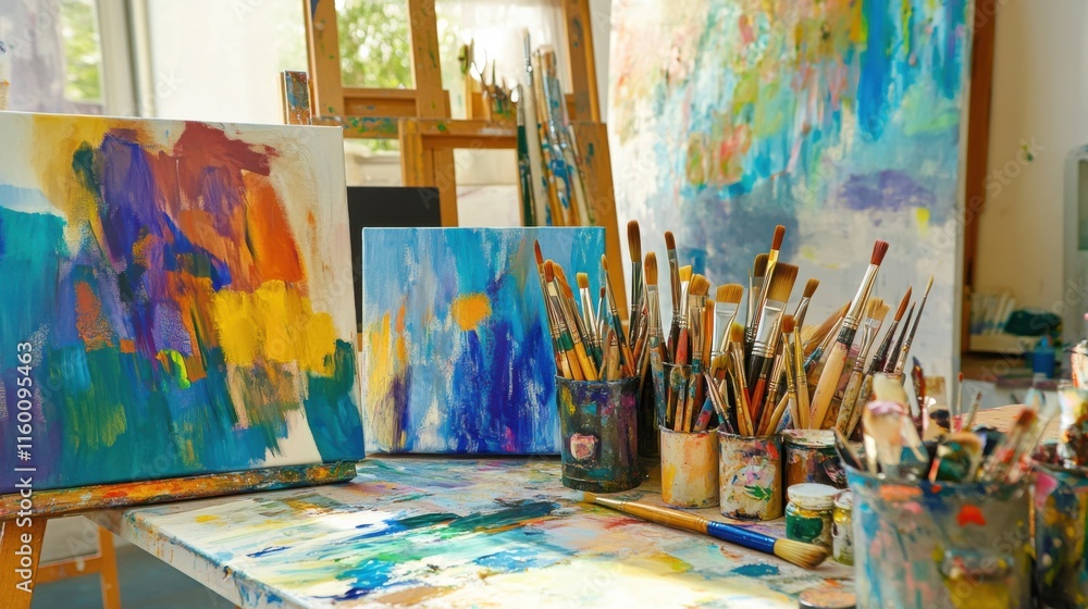 Poster an artistic painting workshop with colorful canvases and brushes, art tools organized in a creative 