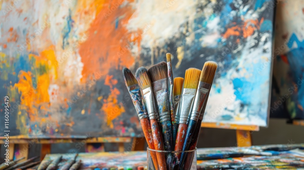 Poster an artistic painting workshop with colorful canvases and brushes, art tools organized in a creative 