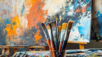 Fototapeta premium An artistic painting workshop with colorful canvases and brushes, Art tools organized in a creative studio setup, Creative expression style