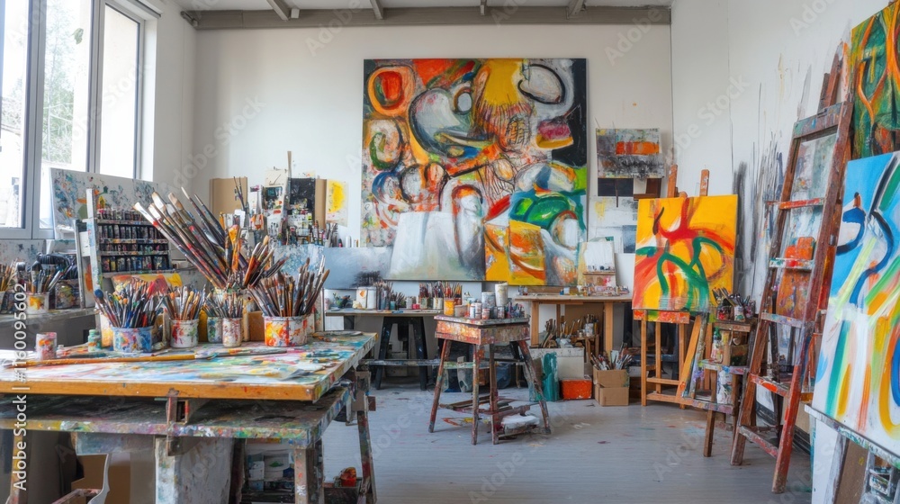 Poster an artistic painting workshop with colorful canvases and brushes, art tools organized in a creative 