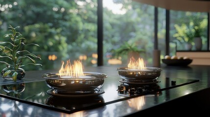 Two modern bioethanol fireplaces on a kitchen counter near a window.
