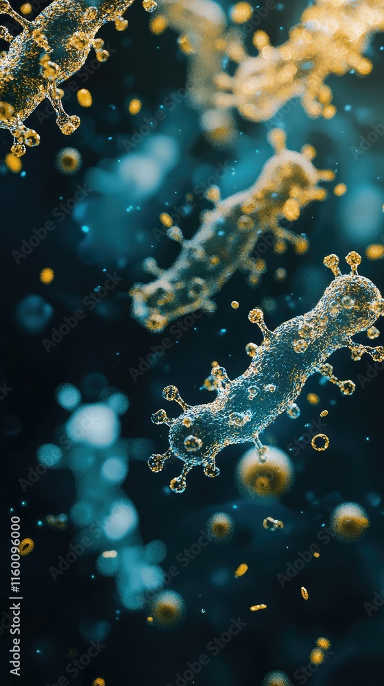 Poster microorganisms under microscope in colorful abstract background