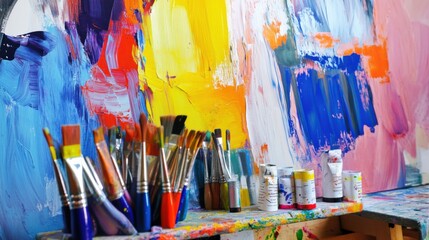 An artistic painting workshop with colorful canvases and varied brushes, Paint tubes organized in a creative studio space, Abstract expressionism style