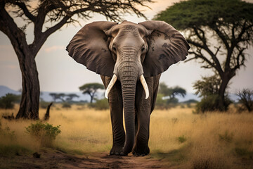 Obraz premium Powerful Majesty of a Tranquil African Elephant in Savannah Landscape: A Portrait of Resilience and Charm