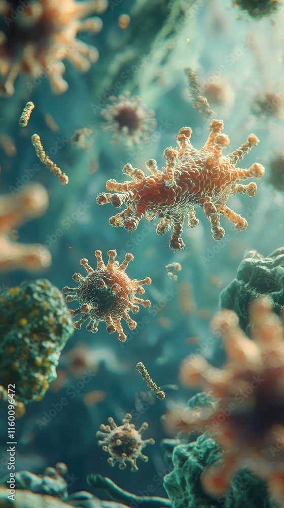 Poster microscopic view of colorful virus particles in cellular environment