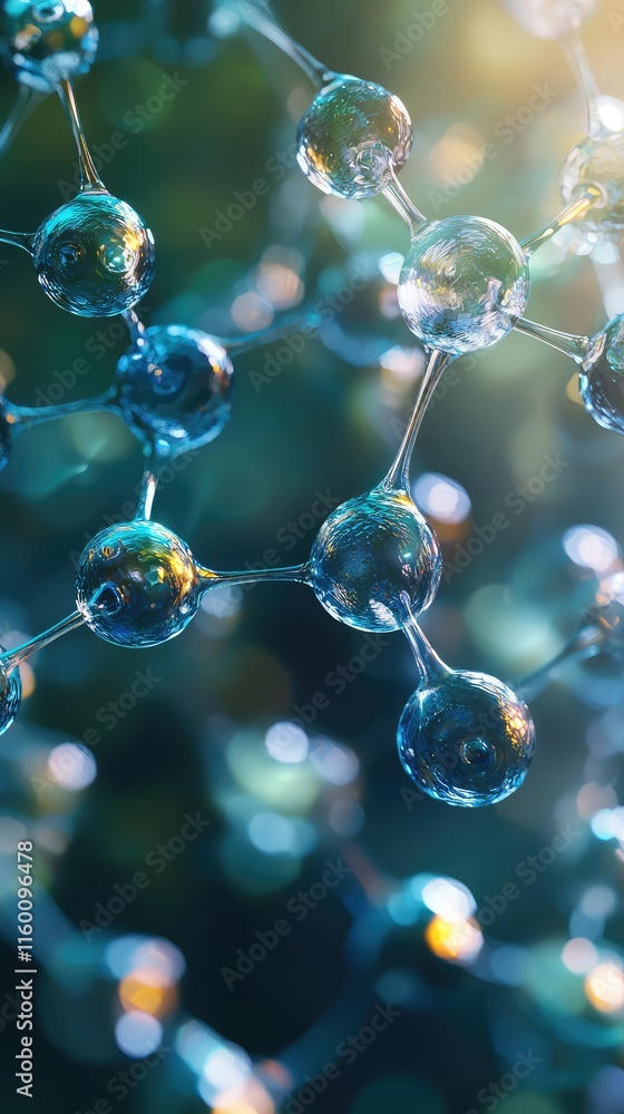 Poster close-up view of molecules with bubbles and light reflection