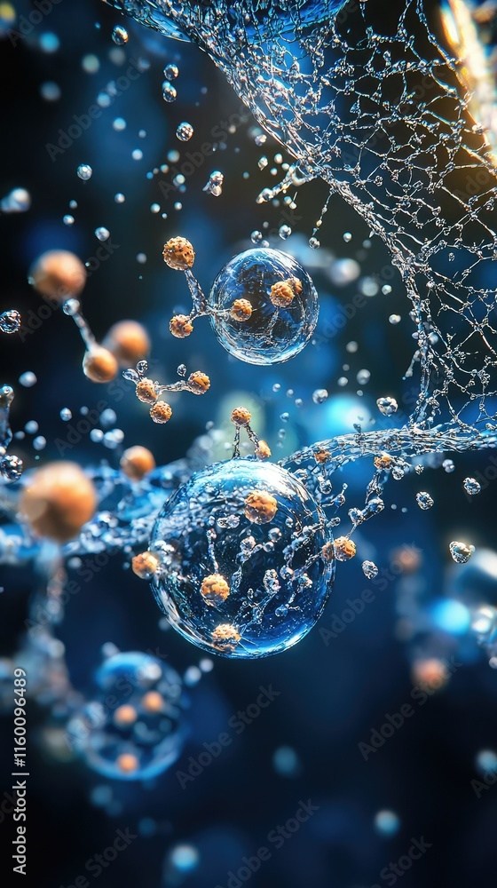 Poster abstract view of bubbles and molecules floating in blue space