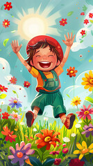 A vector cartoon of a playful child wearing a red cap and green overalls, jumping joyfully in a field of colorful flowers under a bright sun.