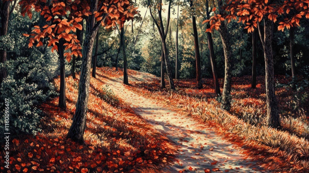 Poster sunlit autumn path through a forest with red and orange leaves.