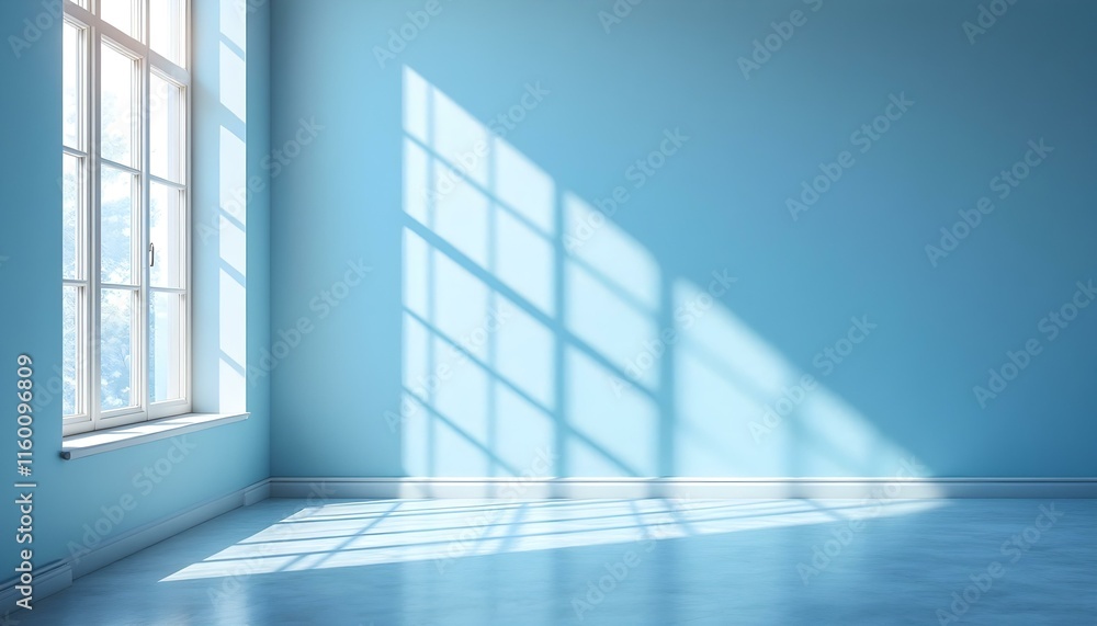 Poster Minimal abstract light blue background for product presentation. Shadow and light from windows on plaster wall. Futuristic stage background with blue and pink neon light colors design
