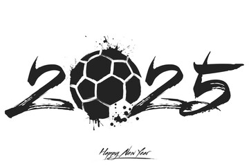 Numbers 2025 and a abstract handball ball made of blots in grunge style. Design text logo Happy New Year 2025. Template for greeting card, banner, poster. Vector illustration on isolated background