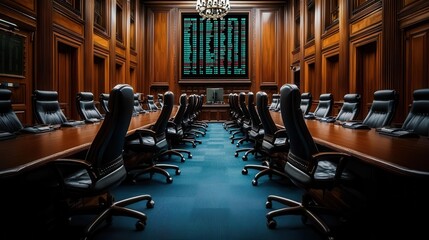 Traditional bank trading room with rich wood decor, leather chairs, and historical stock market artwork, traditional trading room, classic, prestigious design