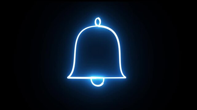 Glowing neon notification bell icon animated on a black background. Ringing bell and alert concept