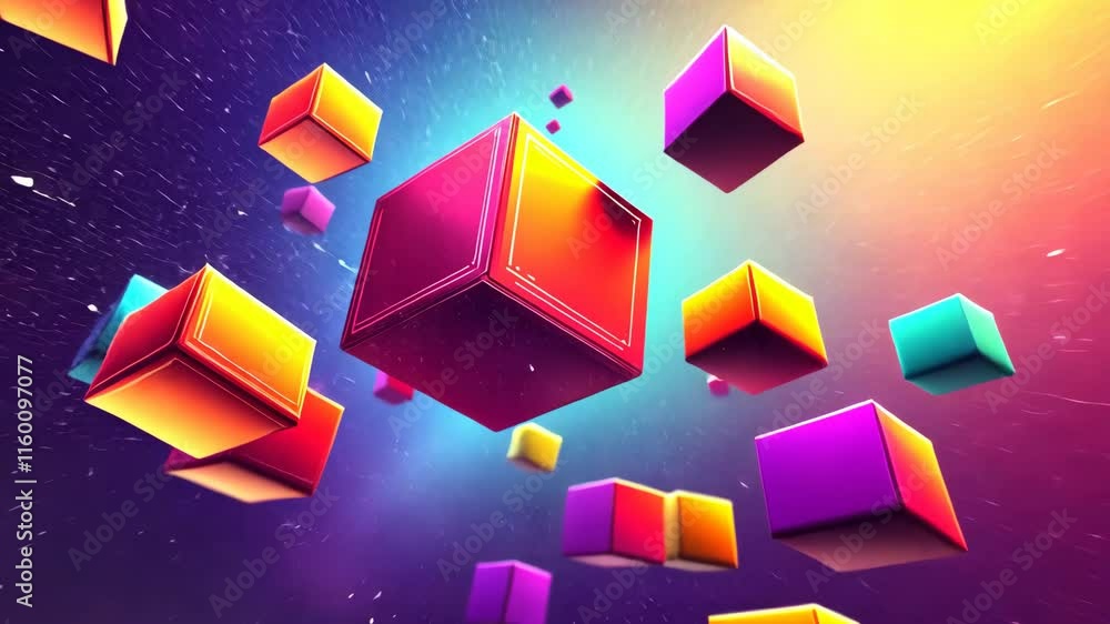Poster colorful geometric shapes float in a vibrant digital space with a cosmic background during a creativ