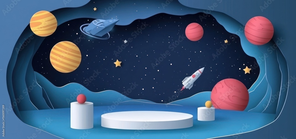 Poster paper art space scene with planets, rocket, spaceship and podium.