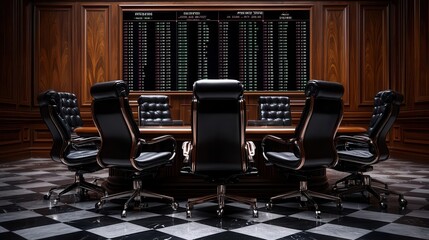 Traditional bank trading room with rich wood decor, leather chairs, and historical stock market artwork, traditional trading room, classic, prestigious design