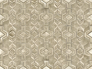 A seamless geometric pattern of intricate shapes in a warm beige tone.
