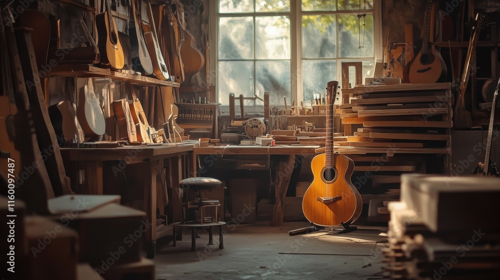 Poster an atmospheric guitar workshop with luthier tools and musical instruments, guitar maker's tools set 