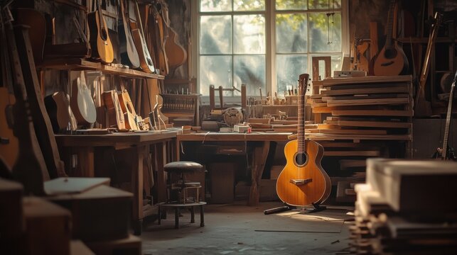 An atmospheric guitar workshop with luthier tools and musical instruments, Guitar maker's tools set amidst stacks of wood and finished guitars, Custom guitar craftsmanship style