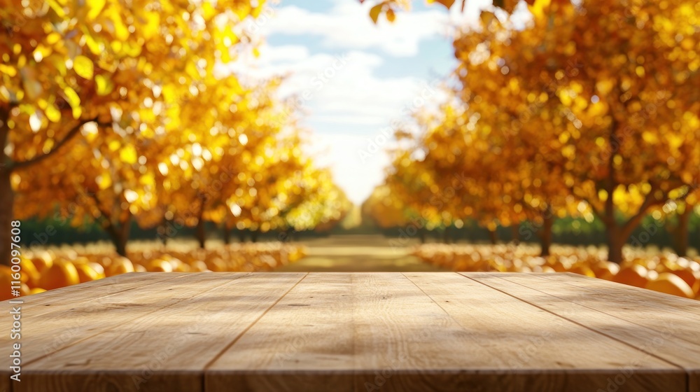 Poster empty wooden table in front of autumn pumpkin patch.