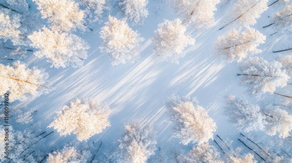 Aufkleber aerial view of snow-covered forest in winter, sunlight creating shadows.