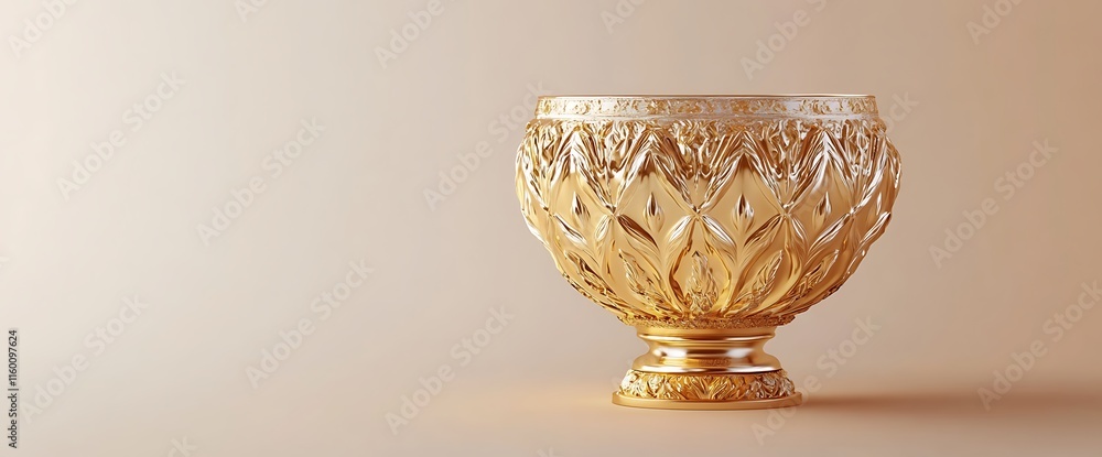 Poster a decorative golden bowl with intricate patterns, suitable for display or serving.