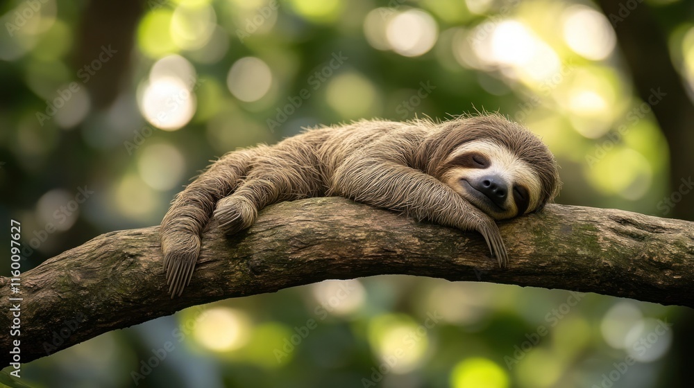 Poster a sloth sleeps peacefully on a tree branch in a lush green forest.