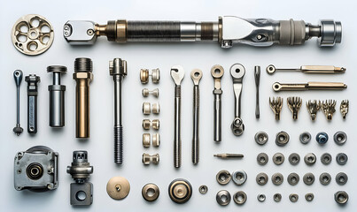 Obraz premium A collection of mechanical components and tools organized for assembly or repair tasks.
