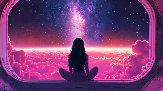 A girl with long black hair sits on the window of a spaceship and looks at the beautiful sky, the Milky Way in which stars shine, in the style of anime, digital art.