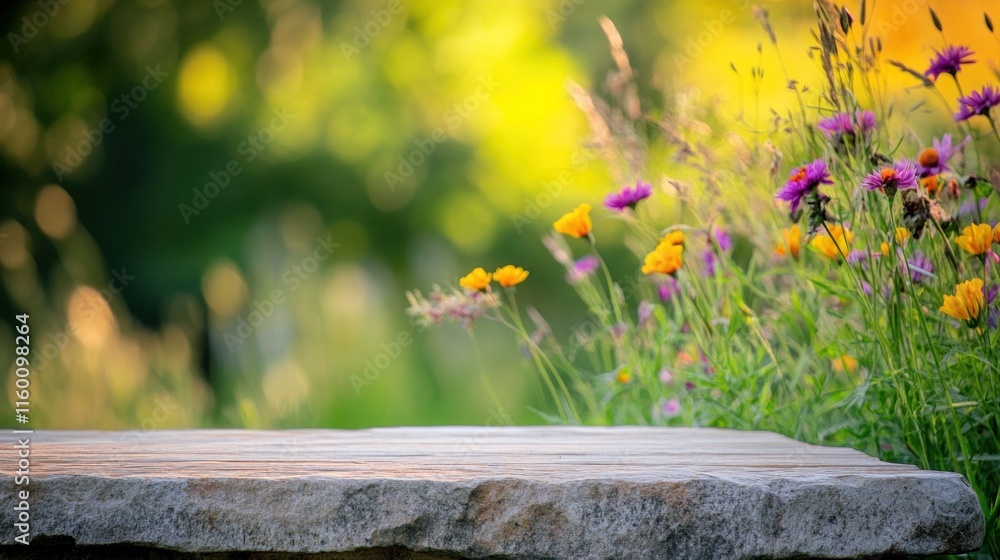 Poster empty stone surface with blurred wildflowers and bokeh background.