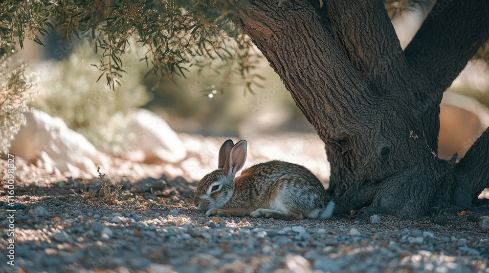 Poster A young rabbit rests in the shade under a tree's branches on a gravel ground.