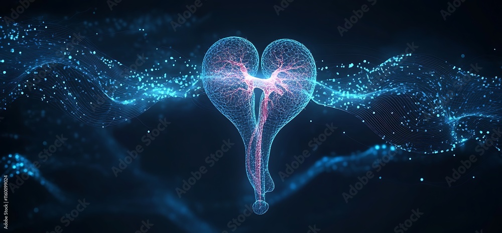 Poster a digital heart shape with glowing lines and particles, symbolizing emotion.
