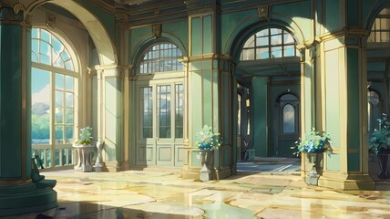ゲーム背景　ヨーロッパスタイルなホール室内背景