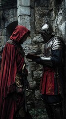 Dramatic Encounter Between Cloaked Figure and Armored Knight in Forest