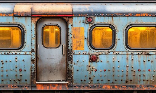 Rusted train car side with door and windows glowing from interior lights.