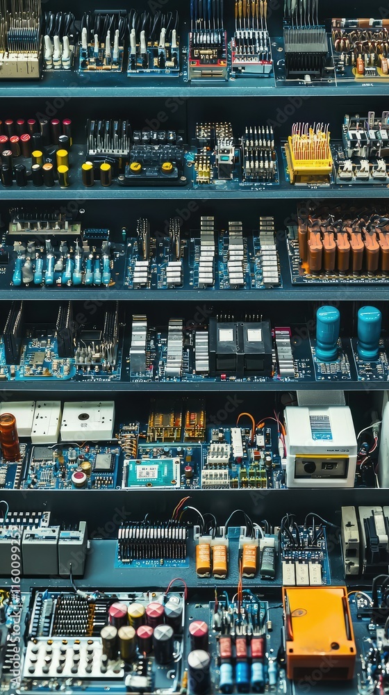 Poster close-up of electronic circuit boards with colorful components display