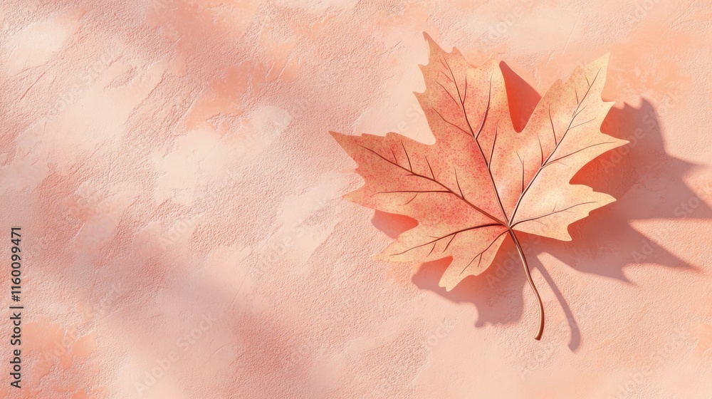 Aufkleber single orange maple leaf on peach background with shadow.