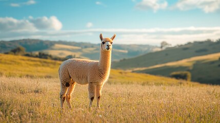 Cute Alpaca Standing in Lush Green Field Under Clear Blue Sky