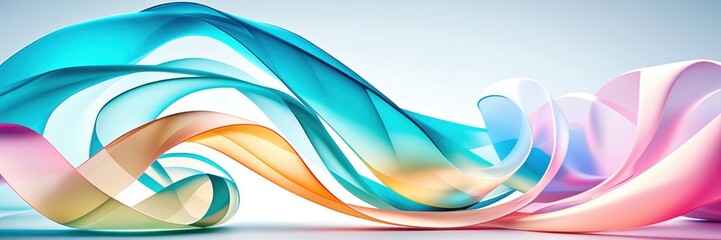 Abstract flowing ribbons, vibrant colors, teal blue, orange, pink, translucent waves, ethereal movement, soft gradients, light reflections, smooth curves, dynamic composition, artistic background, dig