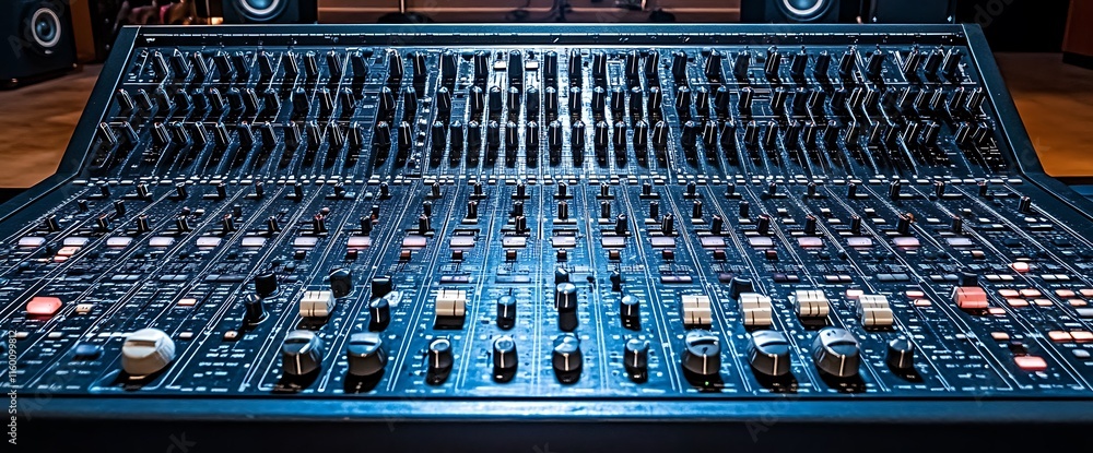 Poster a detailed view of a professional audio mixing console with numerous controls.