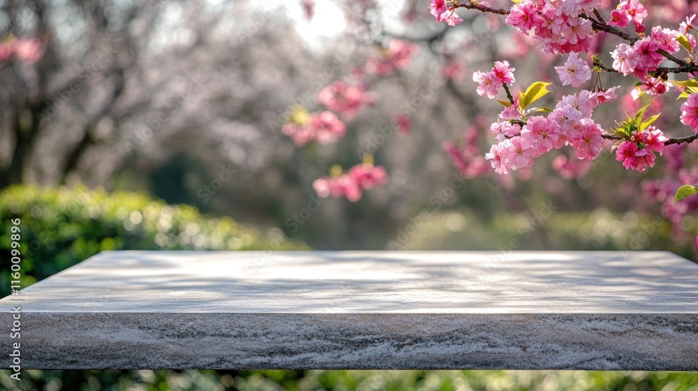 Poster empty stone table with blurred background of pink cherry blossoms in spring.