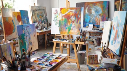An elegant home art studio with easels and canvases in various stages, Paint palettes, brushes
