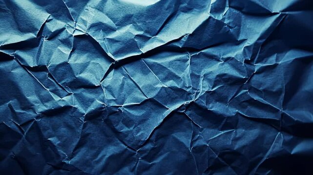 Crumpled blue paper texture showcasing intricate creases and folds under soft lighting