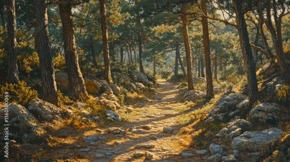 Aufkleber sunlit path through a pine forest with rocky terrain.
