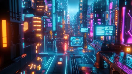 Futuristic neon city street at night.