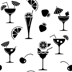 Monochrome seamless background, pattern for design. Cocktails on a transparent background are decorated with fruits.