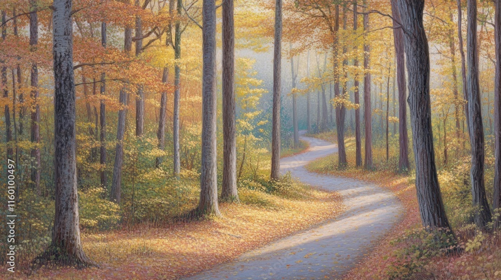 Poster serene autumnal forest path winding through colorful trees bathed in sunlight.