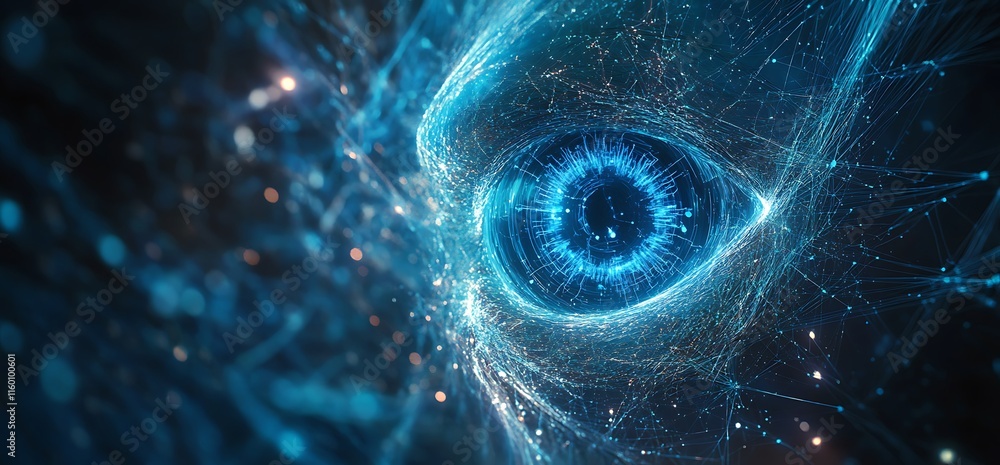 Poster a digital representation of an eye surrounded by glowing data networks.
