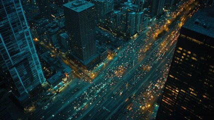 Aerial night view of city traffic and skyscrapers.