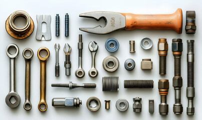 A collection of various tools and hardware arranged neatly for mechanical work.
